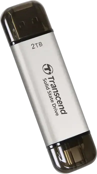 Transcend ESD310S Portable SSD 2 TB, Silver, Dual USB Type-A and Type-C Connector, USB 3.2 Gen 2 10Gbps, 1,050 MB/s Read Speed, 3D NAND Flash, AES 256-bit Encryption