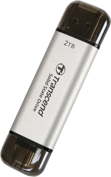 Transcend ESD310S Portable SSD 2 TB, Silver, Dual USB Type-A and Type-C Connector, USB 3.2 Gen 2 10Gbps, 1,050 MB/s Read Speed, 3D NAND Flash, AES 256-bit Encryption