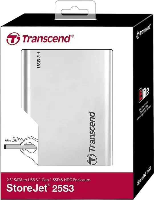 Transcend StoreJet 25S3 External 2.5" SATA HDD SSD Enclosure, Aluminum Casing, USB 3.1 Gen 1 Interface, UASP Support, Silver, TS0GSJ25S3