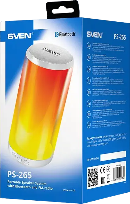SVEN PS-260 Portable Bluetooth 5.0 Speaker, White, 10W RMS, 2000mAh Battery, 20h Playtime, RGB Lighting, FM Radio, TWS, microSD, USB, AUX, 52mm Driver