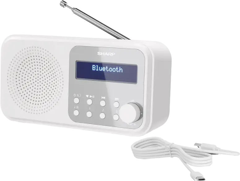 Radio Digital Portabil Sharp DR-P420, DAB, DAB+, FM cu RDS, Bluetooth 5.0, Ecran LCD, Alarmă Dublă, Antenă Telescopică, Culoare: Alb, 17.4 x 9 x 5.3 cm