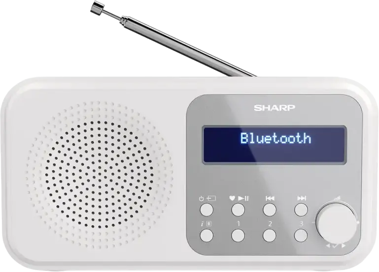 Radio Digital Portabil Sharp DR-P420, DAB, DAB+, FM cu RDS, Bluetooth 5.0, Ecran LCD, Alarmă Dublă, Antenă Telescopică, Culoare: Alb, 17.4 x 9 x 5.3 cm