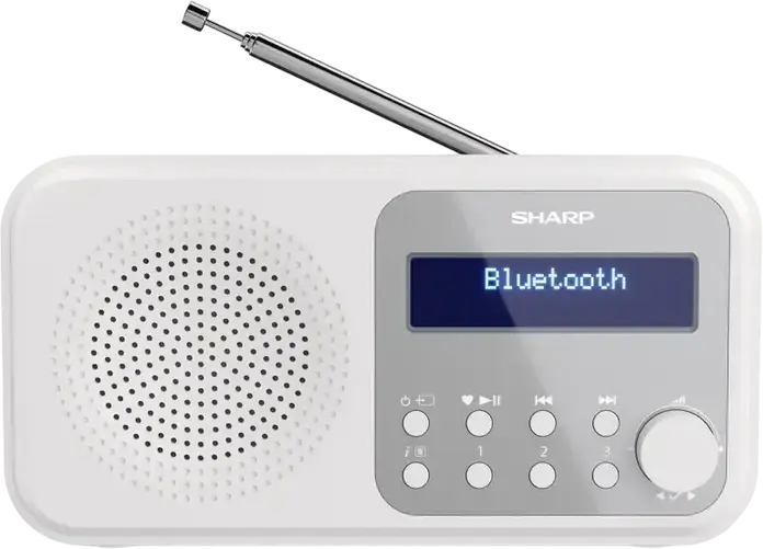 Radio Digital Portabil Sharp DR-P420, DAB, DAB+, FM cu RDS, Bluetooth 5.0, Ecran LCD, Alarmă Dublă, Antenă Telescopică, Culoare: Alb, 17.4 x 9 x 5.3 cm