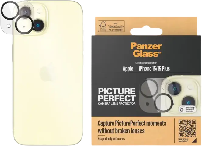 PanzerGlass PicturePerfect Camera Lens Protector for Apple iPhone 15 and iPhone 15 Plus, Tempered Glass, Impact and Scratch Resistant, Black