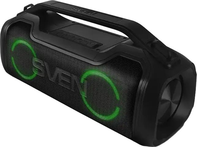 Sistem Audio Portabil SVEN PS-390 Boombox, 50W RMS, Bluetooth 5.0, Rezistent la Apă IPX5, TWS, Iluminare RGB, Funcție Power Bank, Culoare: Negru