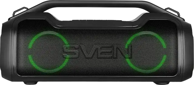 Sistem Audio Portabil SVEN PS-390 Boombox, 50W RMS, Bluetooth 5.0, Rezistent la Apă IPX5, TWS, Iluminare RGB, Funcție Power Bank, Culoare: Negru