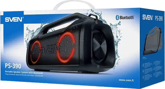 Sistem Audio Portabil SVEN PS-390 Boombox, 50W RMS, Bluetooth 5.0, Rezistent la Apă IPX5, TWS, Iluminare RGB, Funcție Power Bank, Culoare: Negru