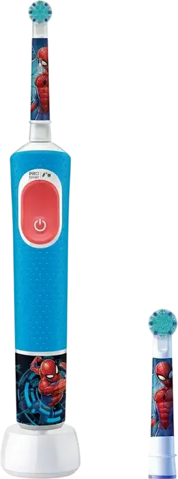 Oral-B Vitality PRO Kids Spiderman Electric Toothbrush, Blue, 2 Cleaning Modes, Extra-Soft Round Brush Head, 2-Minute Timer, Ni-Mh Battery, 1 Handle, 2 Heads, Charging Base