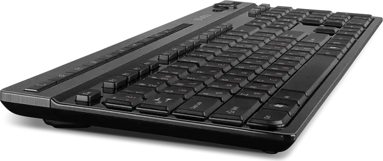 SVEN KB-E5500W Wireless Membrane Keyboard, Black, 2.4 GHz USB, Low Profile, 115 Keys, Multimedia Shortcuts, Volume Knob, Aluminum Insert