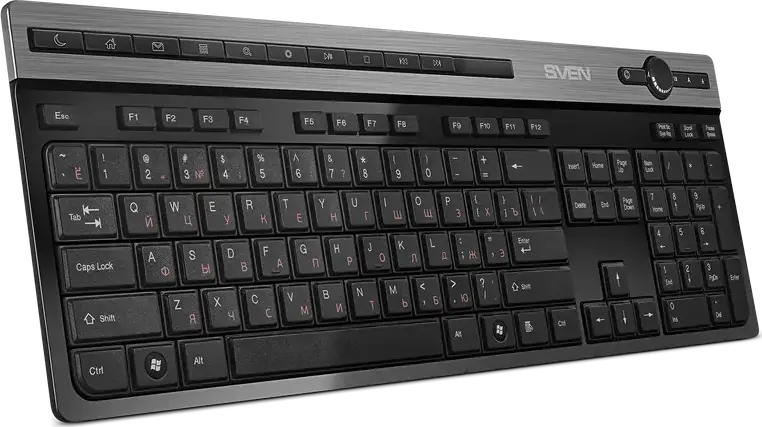 SVEN KB-E5500W Wireless Membrane Keyboard, Black, 2.4 GHz USB, Low Profile, 115 Keys, Multimedia Shortcuts, Volume Knob, Aluminum Insert
