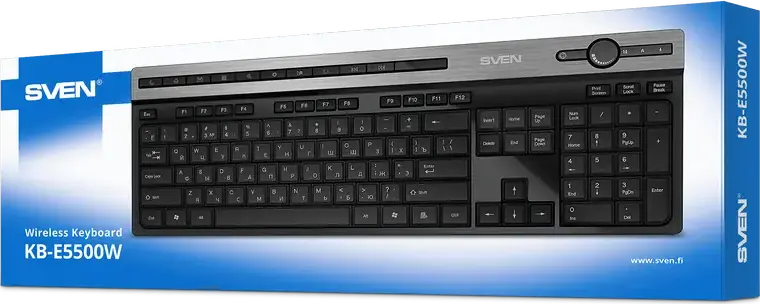 SVEN KB-E5500W Wireless Membrane Keyboard, Black, 2.4 GHz USB, Low Profile, 115 Keys, Multimedia Shortcuts, Volume Knob, Aluminum Insert