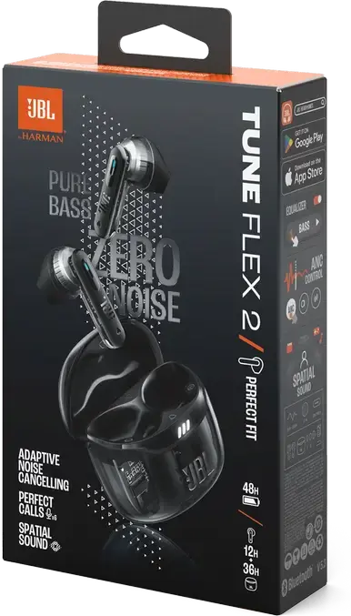 Casca JBL Tune Flex 2 Black True Wireless, Drivere Dinamice 12mm, Anulare Adaptivă a Zgomotului ANC, Baterie 48h, Rezistență IP54, Sunet Spatial