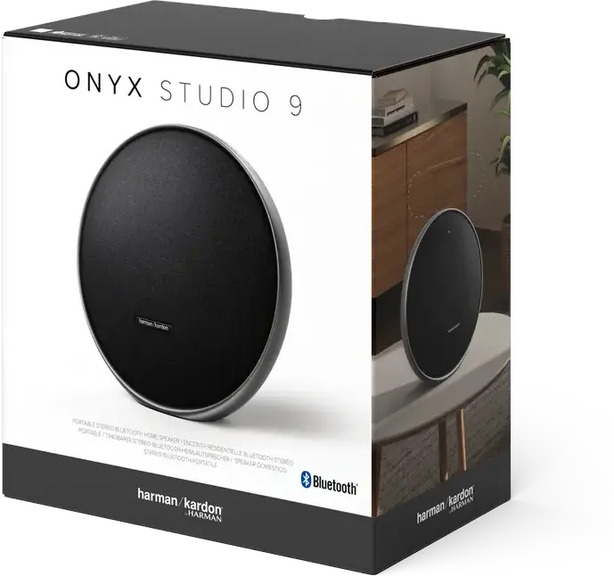 Harman Kardon Onyx Studio 9 Portable Bluetooth Speaker, Black, 50W RMS, 120mm Woofer, 3 Tweeters, Bluetooth 5.3, 8h Battery, Recycled Aluminium, HK One App