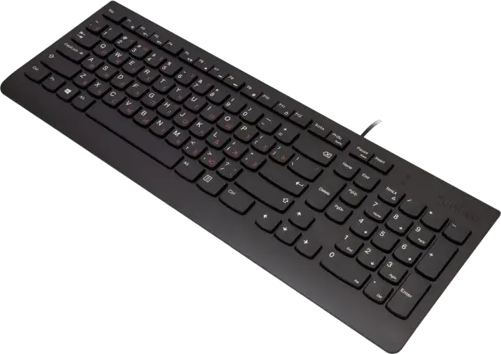 Set Tastatură și Mouse Lenovo 300 USB Combo cu fir, Layout US/RU, Switch Insulă, Taste Insulă Rezistente la Apă, Mouse Optic Ambidextru 1600 DPI, Negru