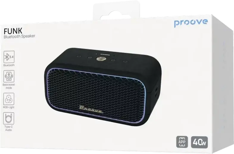 Proove Funk 40W Portable Wireless Speaker, Black, 40W Audio Power, RGB LED Lighting, ABS Durable Body, App Control with Equalizer, Battery Powered for Indoor and Outdoor Use