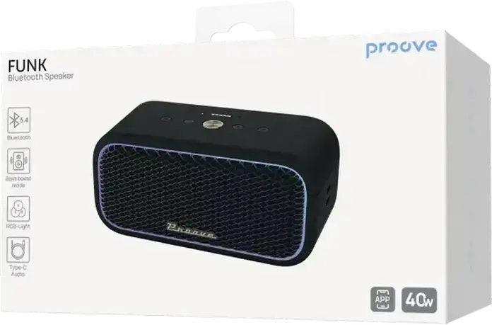 Proove Funk 40W Portable Wireless Speaker, Black, 40W Audio Power, RGB LED Lighting, ABS Durable Body, App Control with Equalizer, Battery Powered for Indoor and Outdoor Use