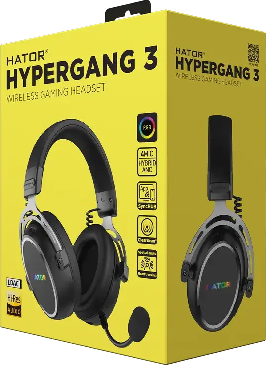 Игровая гарнитура HATOR Hypergang 3 Wireless, Черный, Hi-Res LDAC, гибридный ANC, Bluetooth 5.4, 2.4ГГц, 40мм драйверы, THX Spatial Audio, съемный микрофон, 40ч работы