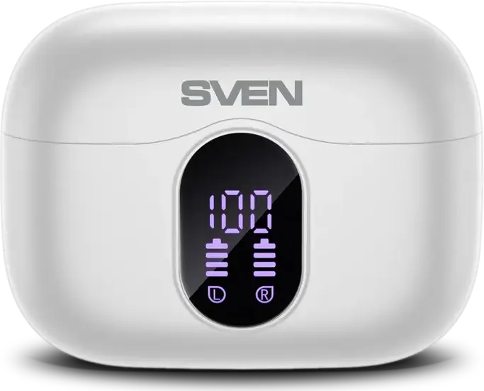SVEN E-310B TWS Wireless Stereo In-Ear Earbuds, Bluetooth 5.4, ANC Active Noise Cancellation, 13mm Driver, IPX4 Water Resistant, LED Display Case, Color: White