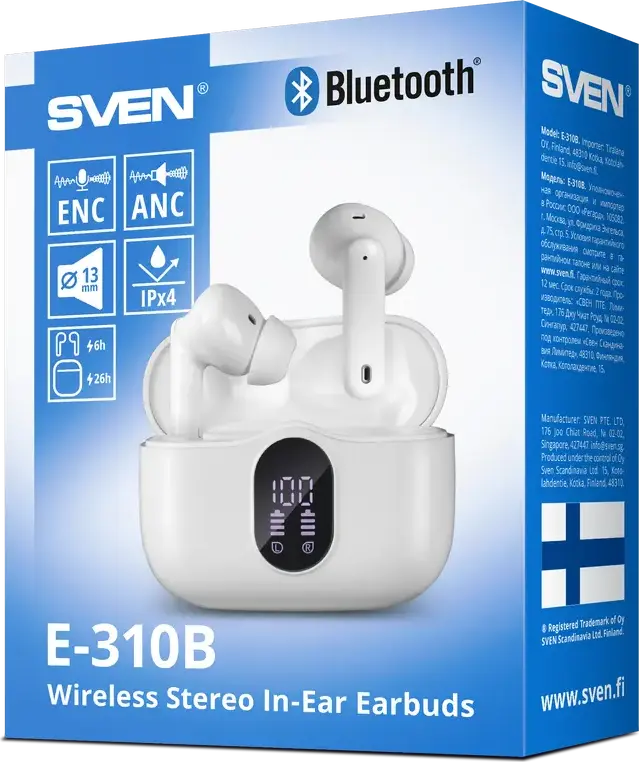 SVEN E-310B TWS Wireless Stereo In-Ear Earbuds, Bluetooth 5.4, ANC Active Noise Cancellation, 13mm Driver, IPX4 Water Resistant, LED Display Case, Color: White