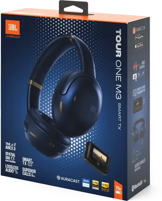 Casca JBL Tour One M3 Smart TX Wireless Over-Ear, Anulare Zgomot True Adaptive 2.0, Sunet Spatial 360, LDAC, Baterie 70h, Culoare: Albastru, cu Transmițător Smart Tx