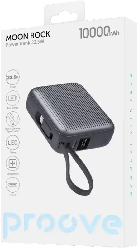 Proove Moon Rock 10000mAh Power Bank, 22.5W Fast Charging PD QC FCP SCP AFC, Qi Wireless Charging 15W, Built-in Cable, LCD Display, Smartphone Stand, Grey
