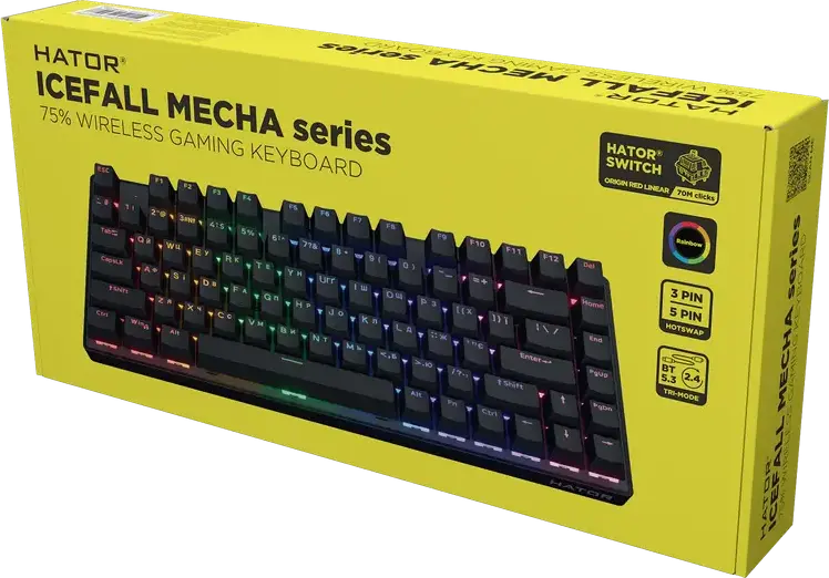 HATOR Icefall Mecha TKL Wireless Mechanical Gaming Keyboard, Red Linear Switches, Hot-swappable, Rainbow LED, 2.4GHz/USB-C, 87 Keys, Metal Panel
