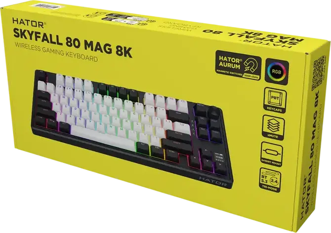 Tastatură Mecanică HATOR Skyfall 80 MAG ULTIMA 8K Wireless 2.4 GHz Bluetooth 5.3 USB-C TKL, Switch-uri Magnetice Aurum Ice Linear, Rapid Trigger, Rata Polling 8000Hz, Taste PBT, Ecran TFT
