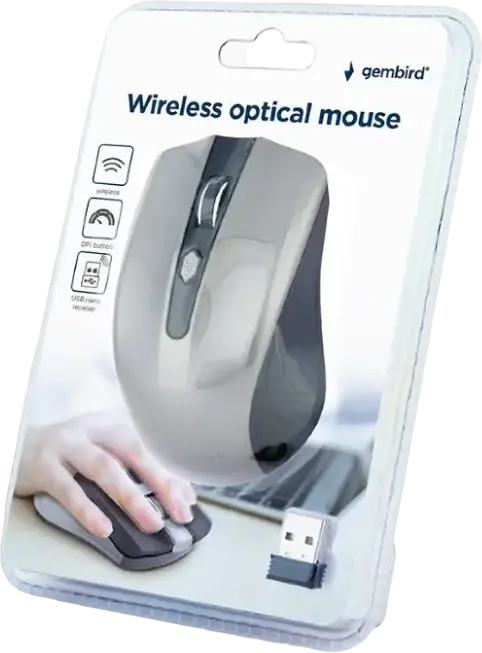 Gembird MUSW-4B-04 Wireless Optical Mouse, Ambidextrous Design, 4 Buttons, 800/1200/1600 DPI, 2.4 GHz Wireless, 10m Range, ABS Plastic, Black/Grey