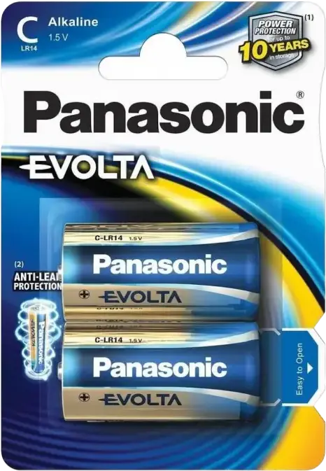 Baterii Alkaline Panasonic Evolta LR14EGE, Dimensiune C, 1.5V, 2 Bucăți, pentru Dispozitive cu Consum Ridicat, Protecție Anti-Scurgere, Durată de Depozitare 10 Ani