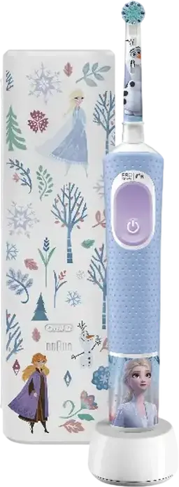 Periuță de dinți electrică Oral-B Vitality PRO Kids Frozen, Cap Rotund Rotativ-Oscilant, 2 Moduri Îngrijire Zilnică și Super Sensitiv, Peri Extra-moale, Mâner, 1 Cap de Periaj, Încărcător, Etui de Călătorie, 4 Autocolante