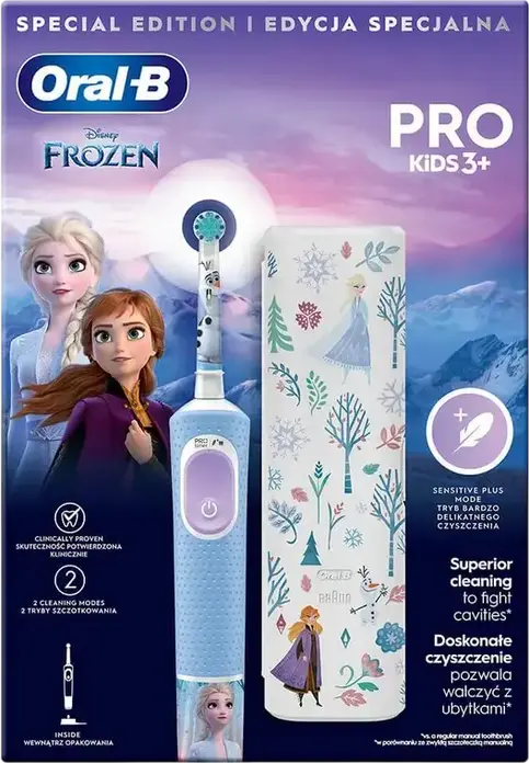 Periuță de dinți electrică Oral-B Vitality PRO Kids Frozen, Cap Rotund Rotativ-Oscilant, 2 Moduri Îngrijire Zilnică și Super Sensitiv, Peri Extra-moale, Mâner, 1 Cap de Periaj, Încărcător, Etui de Călătorie, 4 Autocolante