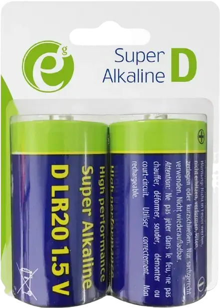 Щелочные батарейки Energenie EG-BA-LR20-01 тип D LR20 1.5В, высокая емкость 18000мАч, 2 штуки, сертификат CE