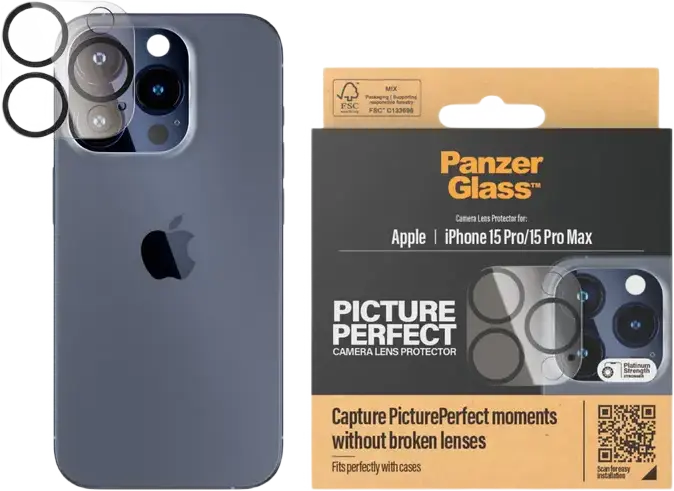 PanzerGlass PicturePerfect Camera Lens Protector for iPhone 15 Pro and 15 Pro Max, Tempered Glass, Shock and Scratch Resistant, Black
