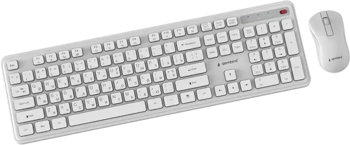Беспроводной набор Gembird Slim Pro Business KBS-WPS-01, Белый, Раскладка Английская/Русская, полноразмерная мембранная клавиатура на 105 клавиш и оптическая мышь 1200 dpi с 3 кнопками и USB-приемником