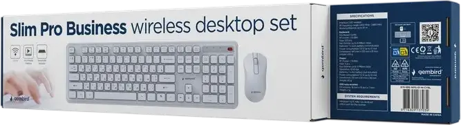 Беспроводной набор Gembird Slim Pro Business KBS-WPS-01, Белый, Раскладка Английская/Русская, полноразмерная мембранная клавиатура на 105 клавиш и оптическая мышь 1200 dpi с 3 кнопками и USB-приемником