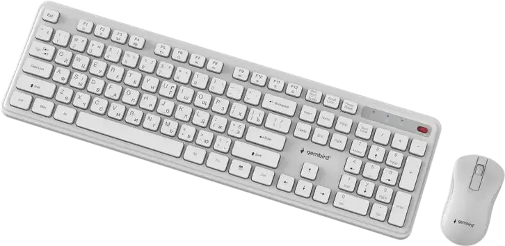 Беспроводной набор Gembird Slim Pro Business KBS-WPS-01, Белый, Раскладка Английская/Русская, полноразмерная мембранная клавиатура на 105 клавиш и оптическая мышь 1200 dpi с 3 кнопками и USB-приемником