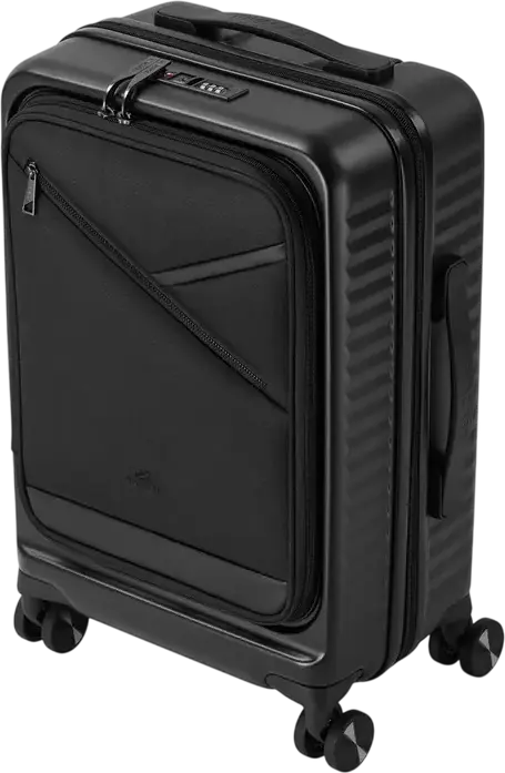 Troley Cabina RIVACASE 8180 Clark-ECO, Coara Rida 20 inch, 34L Policarbonat PC, Material Reciclat RPET, Lacat TSA, Extensibil, 4 Roți Duble, Negru