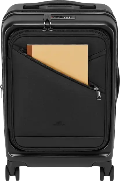 Troley Cabina RIVACASE 8180 Clark-ECO, Coara Rida 20 inch, 34L Policarbonat PC, Material Reciclat RPET, Lacat TSA, Extensibil, 4 Roți Duble, Negru