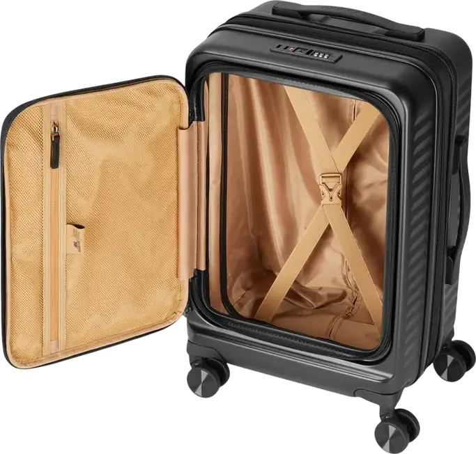 Troley Cabina RIVACASE 8180 Clark-ECO, Coara Rida 20 inch, 34L Policarbonat PC, Material Reciclat RPET, Lacat TSA, Extensibil, 4 Roți Duble, Negru