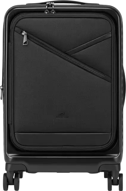 Troley Cabina RIVACASE 8180 Clark-ECO, Coara Rida 20 inch, 34L Policarbonat PC, Material Reciclat RPET, Lacat TSA, Extensibil, 4 Roți Duble, Negru