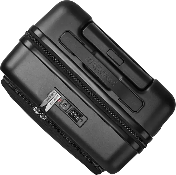 Troley Cabina RIVACASE 8180 Clark-ECO, Coara Rida 20 inch, 34L Policarbonat PC, Material Reciclat RPET, Lacat TSA, Extensibil, 4 Roți Duble, Negru