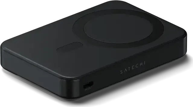Внешний аккумулятор Satechi OntheGo Power Bank 10K, 10000мАч Qi2 Wireless Magnetic, мощность 15Вт беспроводная/20Вт USB-C, алюминий и экокожа с подставкой, Черный