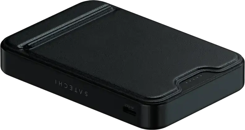 Внешний аккумулятор Satechi OntheGo Power Bank 10K, 10000мАч Qi2 Wireless Magnetic, мощность 15Вт беспроводная/20Вт USB-C, алюминий и экокожа с подставкой, Черный
