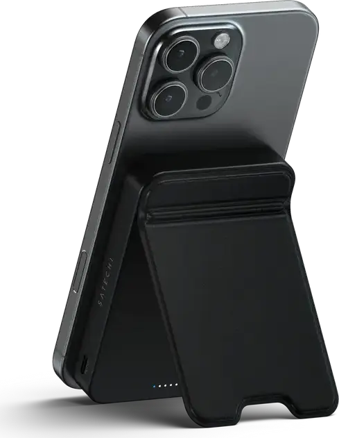 Внешний аккумулятор Satechi OntheGo Power Bank 10K, 10000мАч Qi2 Wireless Magnetic, мощность 15Вт беспроводная/20Вт USB-C, алюминий и экокожа с подставкой, Черный