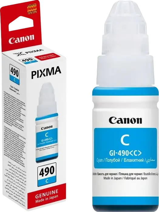 Sticla de Cerneala Canon GI-490 Cyan 70ml pentru PIXMA G1400 G2400 G3400 G4400 Series, Refill Dye-based pentru Imprimante CISS, Capacitate 7000 Pagini