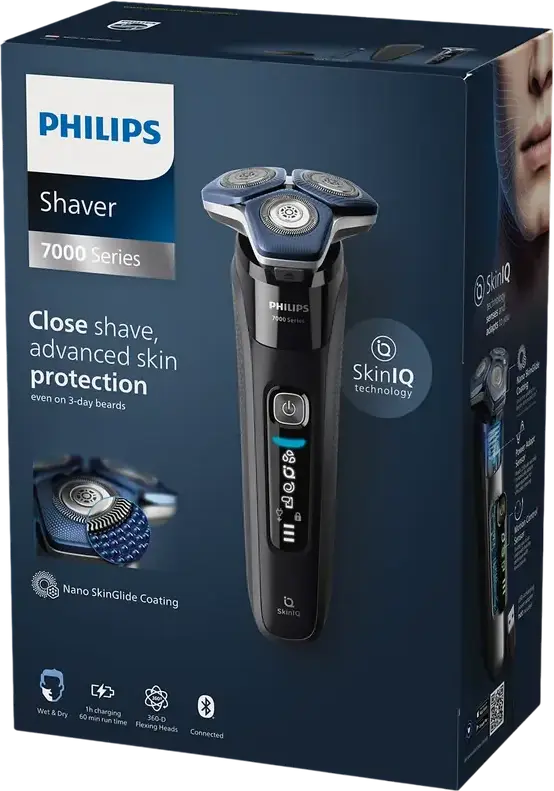 Philips S7886/35 Series 7000 Electric Rotary Shaver, SkinIQ Technology, Wet & Dry, SteelPrecision Blades, 360-D Flex Heads, Charging Stand, Travel Case, Contour Trimmer, Black