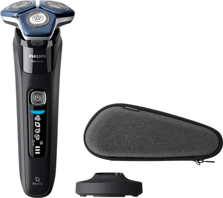 Philips S7886/35 Series 7000 Electric Rotary Shaver, SkinIQ Technology, Wet & Dry, SteelPrecision Blades, 360-D Flex Heads, Charging Stand, Travel Case, Contour Trimmer, Black