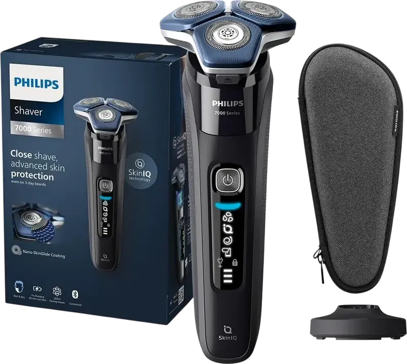 Philips S7886/35 Series 7000 Electric Rotary Shaver, SkinIQ Technology, Wet & Dry, SteelPrecision Blades, 360-D Flex Heads, Charging Stand, Travel Case, Contour Trimmer, Black