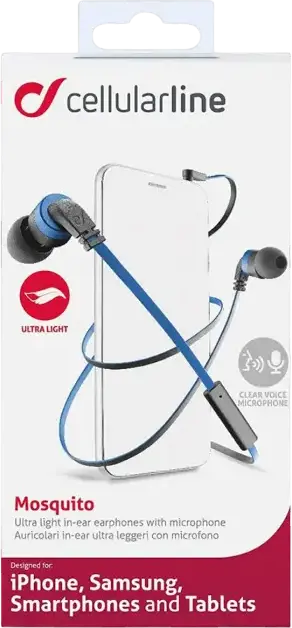 Casca Cellularline Mosquito APMOSQUITO1 In-Ear cu Fir și Microfon Integrat, Albastru, Jack 3.5mm, Cablu Plat Anti-împletire 1.2m, Design Ergonomic Ear-fit