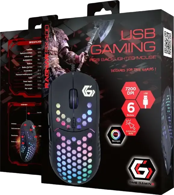 Gembird RAGNAR-RX400 RGB Gaming Mouse, Optical Sensor up to 7200 DPI, 6 Buttons, Honeycomb Ergonomic Design, Braided Cable, Color: Black